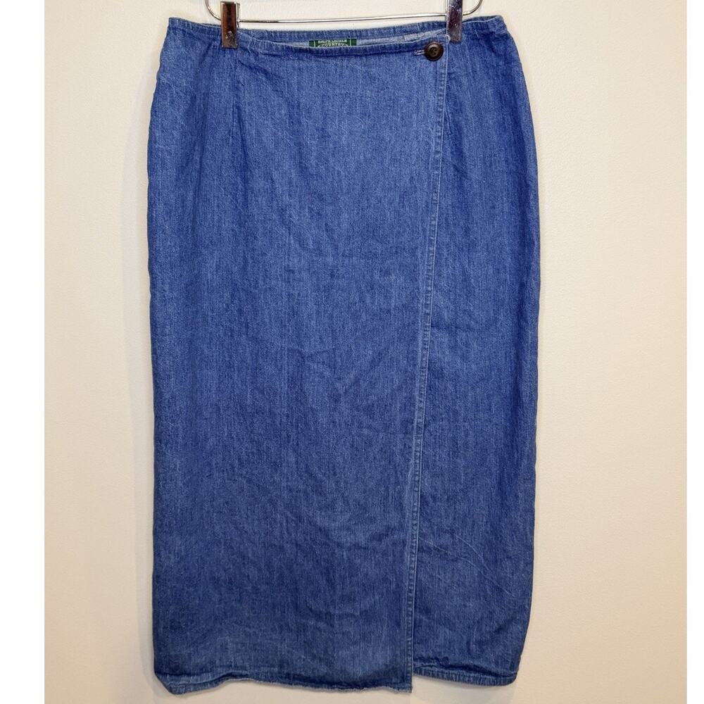 VTG 90s Ralph Lauren Denim Wrap Maxi Skirt Country Western Cowgirl Core Size Med - Picture 2 of 9